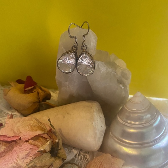 Sterling Set Rock Cut Crystal Tear Drop Earrings - Picture 6 of 6